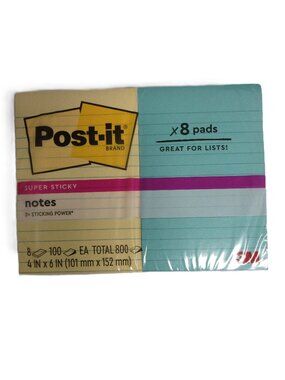 Post-it Super Sticky Notes 4x6 Lined 8-Pack 800ct Yellow/Multicolor
